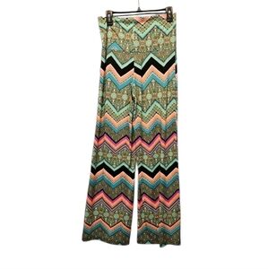White Mark Wide Leg Palazzo Chevron Print Multi Colored Folded Waist Pants Sz L